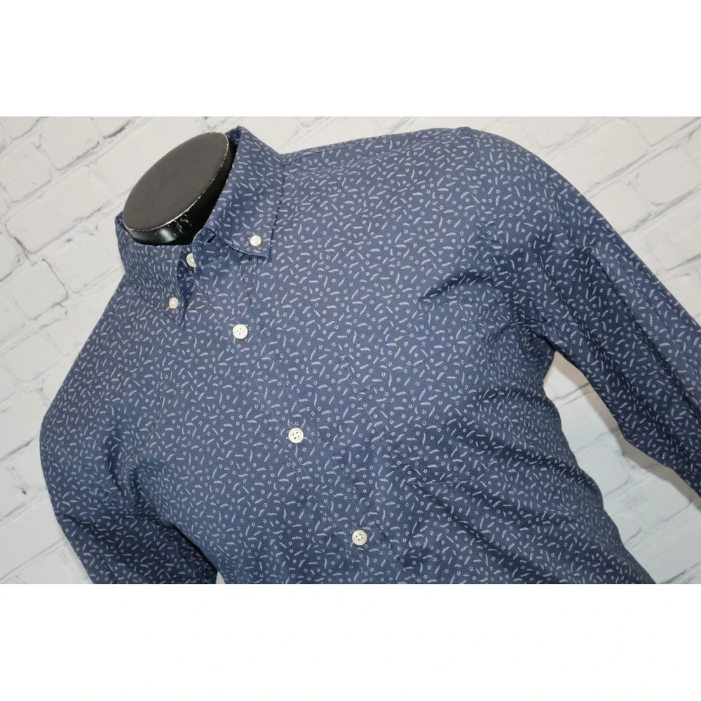 Banana Republic Dress Shirt Mens Large Blue Floral Untucked Fit Organic Cotton